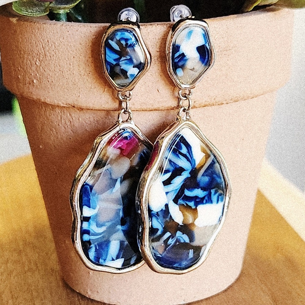 Blue Marbled Resin Silver Tone Organic Shape Statement Drop Dangle Earrings 2"